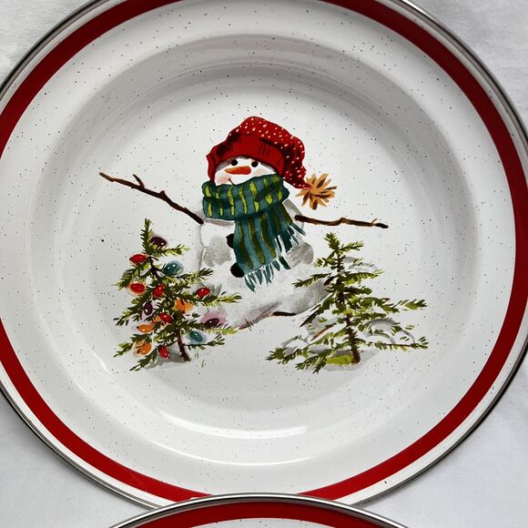 Hallmark VTG Mitford Snowman 10” Enamel Serving Plate Bowl (2) Christmas Holiday - Picture 3 of 6